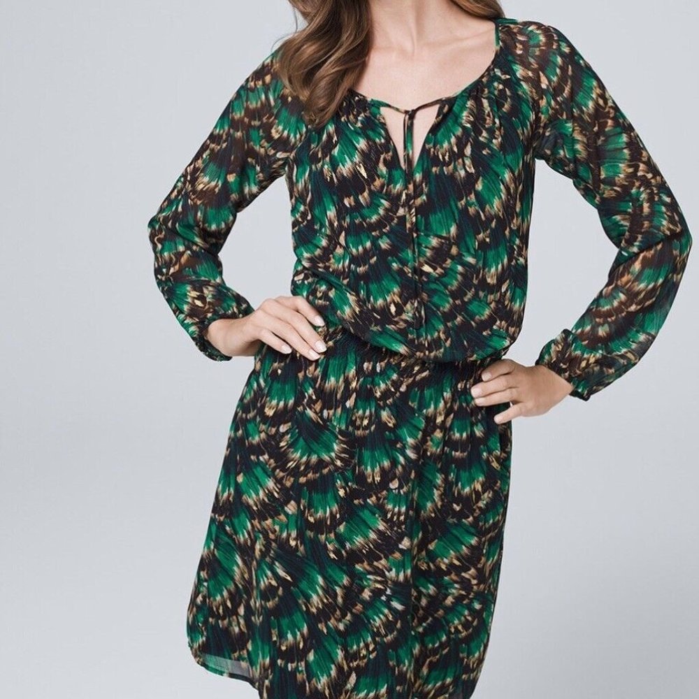 NWOT White House Black Market Dress Green Black Print 2 - Picture 1 of 8